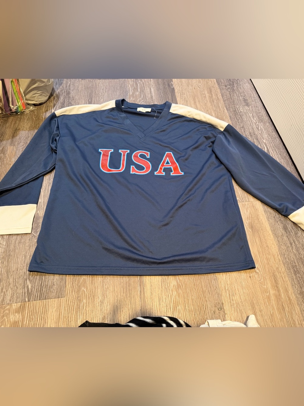 Le Lis Navy Long-Sleeve USA Top with white Shoulder Accents